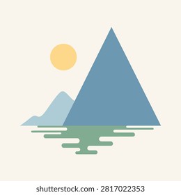 Aeroplane soaring above triangular mountain peaks with glowing sun in background
