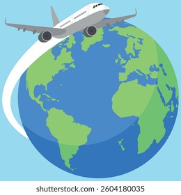 Aeroplane travelling around the world design element, Airplane global  travel concept
