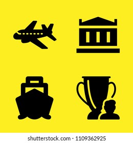 aeroplane, trophy, cruiser front view and parthenon vector icon set. Sample icons set for web and graphic design