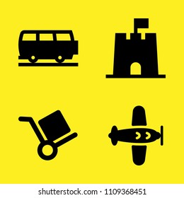 aeroplane, van, sand castle and box trolley vector icon set. Sample icons set for web and graphic design