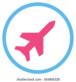 Aeroplane vector icon. Style is bicolor flat circled symbol, pink and blue colors, rounded angles, white background.