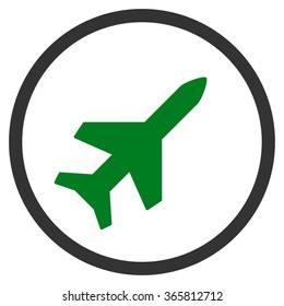 Aeroplane vector icon. Style is bicolor flat circled symbol, green and gray colors, rounded angles, white background.