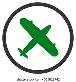Aeroplane vector icon. Style is bicolor flat circled symbol, green and gray colors, rounded angles, white background.