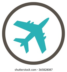 Aeroplane vector icon. Style is bicolor flat circled symbol, grey and cyan colors, rounded angles, white background.