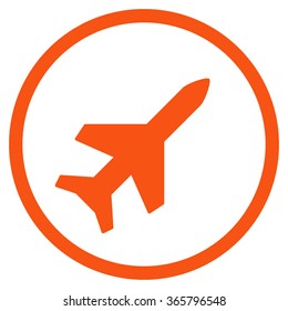 Aeroplane vector icon. Style is flat circled symbol, orange color, rounded angles, white background.