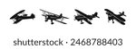 Aeroplane vector silhouette. Vinatge airplane set. Old aircraft illustration.