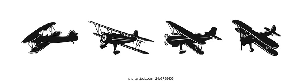 Aeroplane vector silhouette. Vinatge airplane set. Old aircraft illustration.