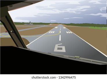 Aeroplane view of runway, runway view, runway and take-off plane. Banner or flyer for travel and vacation design. Starry night sky. Vector illustration. - Vector