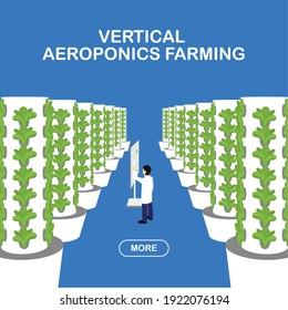 Aeroponic farm with electronic crop control.Vertical aeroponic system for growing plants without soil. Vegetables and grasses growing in the water flow system. Flat perspective infographics.