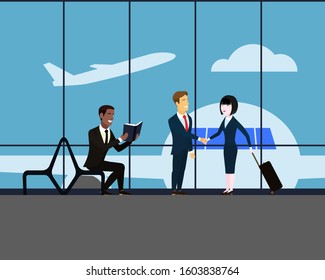 Aeroport. Waiting room with seating. The man meets a woman with luggage on wheels. A man with a book sits in the waiting room. Meeting business partners. Two men and a woman in business suits. Vector.
