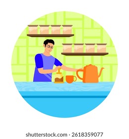 Aeropress coffee. Barista pushes Aeropress to pour coffee drops through Aeropress into the pot. Flat vector modern illustration 