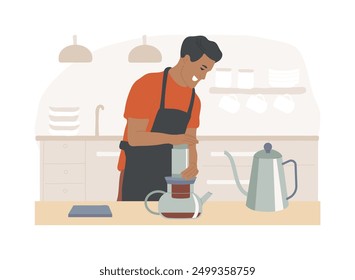 Aeropress coffee isolated cartoon vector illustrations. Barista works with special device, brewing method, going out in cafe, third wave, specialty coffee, small business vector cartoon.