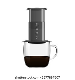 Aeropress coffee maker with the cup. Glass mug. Alternative manual method of brewing coffee. Coffee shop equipment. Vector illustration isolated on white background.