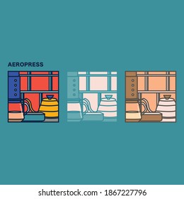 Aeropress illustration for coffeeshop. great for decoration wall, icon, logo, cafe, shop, coffeeshop, tees, tshirt graphic. 3 variant color.