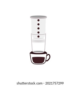 Aeropress for making coffee. Equipment for alternative brewing coffee method in cafe or restaurant. Enjoy fresh popular beverage with caffeine. Flat vector isolated illustration.
