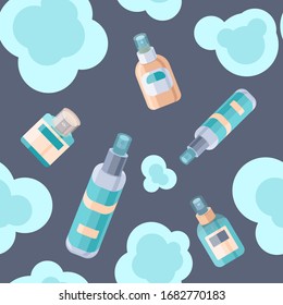 Aerosol bottles on grey backdrop. Antiseptic spray seamless pattern for wrapping paper, sleeper, pillowcase or bed linen, bath tile. Phone case or cloth print. Minimal style stock vector illustration