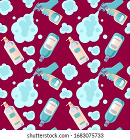 Aerosol-Flaschen auf rotem Hintergrund. Nahtlose antiseptische Spritzmuster zum Einwickeln von Papier, Schlaf-, Kissen- oder Bettwäsche, Badziegel. Telefongehäuse oder Stoffdruck. Stockillustration für minimale Vektorillustration