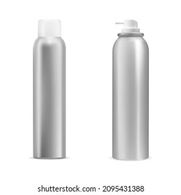 Aerosol can. Aluminum cylinder hairspray tin. Mist air freshener, toilet sprayer silver canister. Compressed shave moisture steel tin, open canister set