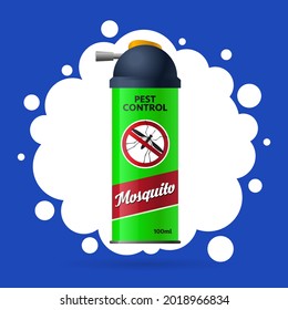 Aerosol Can For Fighting Insects, Mosquitoes. Pest Control. Repellent Spray In A Green Bottle. Blue Background 