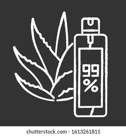 Aerosol chalk white icon on black background. Aloe vera emergency spray. Natural cosmetic in bottle. Medicinal herbs extract for healing and moisturizing. Isolated vector chalkboard illustration