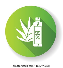 Aerosol green flat design long shadow glyph icon. Aloe vera emergency spray. Plant based hairspray. Natural cosmetic in bottle. Medicinal herbs extract. Silhouette RGB color illustration