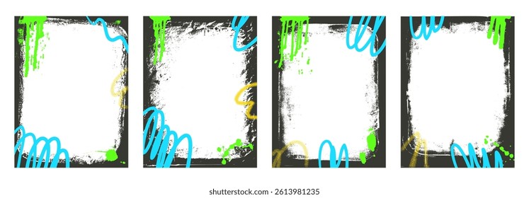 Aerosol grunge background frames set. Border graffiti templates with airbrush lines stroke and splashes. Ink and paint decoration design. Retro texture poster mockup overlay. Vector illustration.