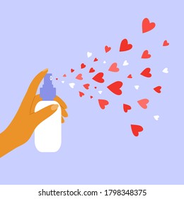 Aerosol with hearts. Giving and sharing love concept. Human hand holding dispenser and spraying with red heart shapes. Health, body or beauty care. Charity, donation or voluntary vector illustration.