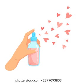 Aerosol with hearts. Sharing love and voluntary help generosity concept, human hands holding heart spray paint or perfume dispenser, self care symbol banner vector illustration of aerosol heart