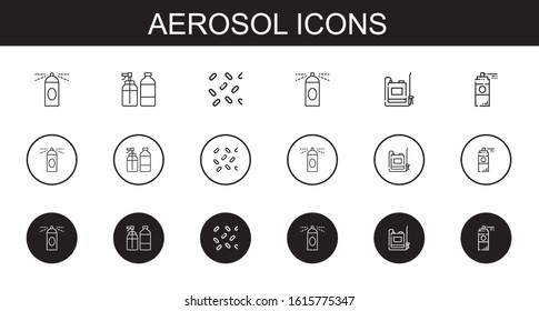 aerosol icons set. Collection of aerosol with spray, sprinkles, hairspray, sprayer, paint spray. Editable and scalable aerosol icons.