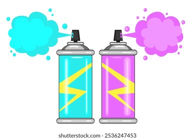 Aerosol paint. Paint spray bottle. Graffiti aerosol icon. Colored spray paint cans in flat cartoon style isolated on white background. Vector illustration.