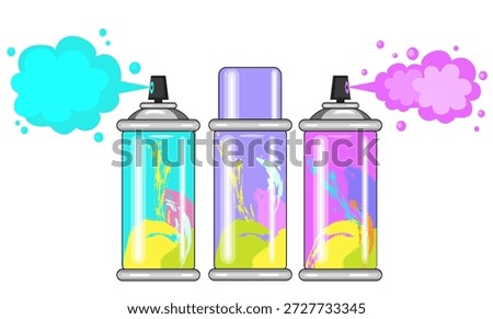 Aerosol paint. Paint spray bottle. Graffiti aerosol icon. Colored spray paint cans in flat cartoon style set isolated on white background. Vector illustration.