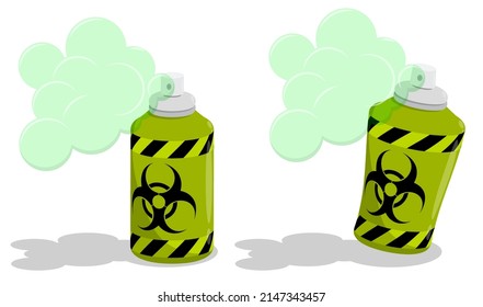 Aerosol spray bottle releases cloud of biohazardous gas. Prevention of terrorist attacks. Cartoon vector isolated on white background