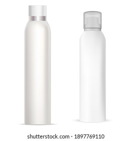 Aerosol spray can. Deodorant spray aluminum bottle. Freshener cylinder tube, metal realistic package. Paint air sprayer silver packaging. refresher odor pack, toilet spray mock up. Antiperspirant