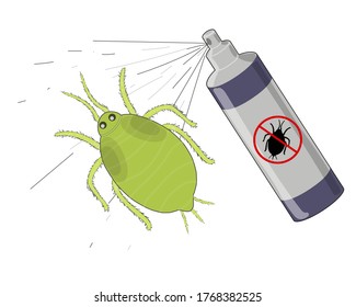 Aerosol spray on green aphids. Drawing isolated on a white background. Stock vector illustration.