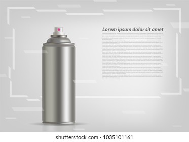 Aerosol spray on grey background with abstract frame. Vector illustration.