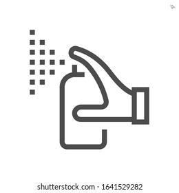 Aerosol spray or sprayer vector icon. Consist of mist, nozzle, hand holding cylinder can bottle. Container for chemicals water i.e. hairspray, color, freshener, insecticide and cosmetic. 48x48 pixel.