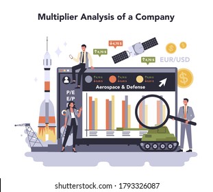 Aerospace And Defence Industry. Millitary And Cosmos Production And Technology. Multiplier Analysis Of A Company. Isolated Flat Vector Illustration