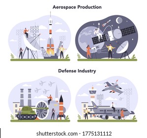 Aerospace And Defence Industry Set. Millitary And Cosmos Production And Technology. Global Industry Classification Standard. Isolated Flat Vector Illustration