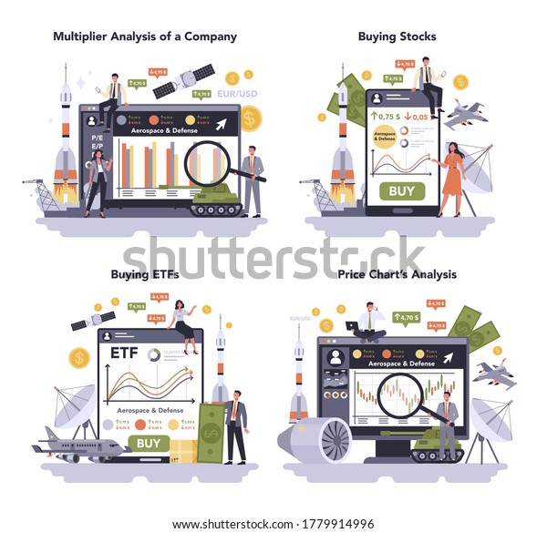 Aerospace and defence industry set.\
Millitary and cosmos production and technology. Multiplier analysis\
of a company, buying stocks and ETFs, price chart analysis.\
Isolated flat vector\
illustration