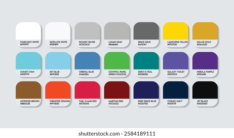 Aerospace Engineer Color Guide Palette with Color Names. Catalog Sample Aerospace Engineers with RGB HEX codes Names. Aerospace Engineer Colors Palette, Fashion Trend Aerospace Engineer Color Palette