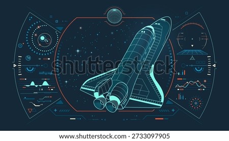 aerospace engineering, graphic of lined spaceship with futuristic interface and galaxy background
