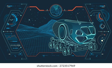 aerospace engineering or space expedition vehicle, lined graphic of planet surface exploration robot with futuristic autonomous system interface