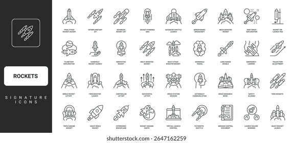 Aerospace exploration, spaceship start with fire, crash and fail thin black symbols vector illustration. Space rockets launch and flight, business startup and project booster line icon set.