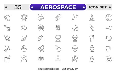 Aerospace icon of science observatory, satellite and rocket .space and planet outline Icons, thin line style. Contains such Icons as space, planet, alien, solar, technology, space travels, stars.
