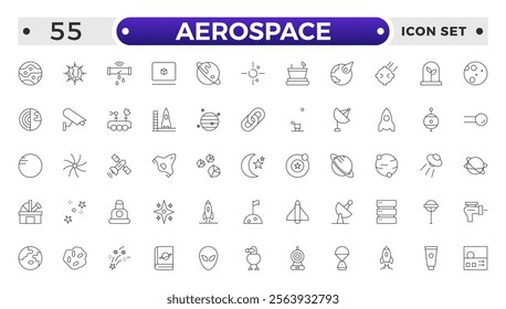 Aerospace icon of science observatory, satellite and rocket .space and planet outline Icons, thin line style. Contains such Icons as space, planet, alien, solar, technology, space travels, stars.
