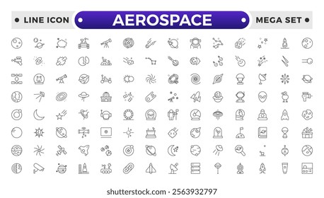 Aerospace icon of science observatory, satellite and rocket .space and planet outline Icons, thin line style. Contains such Icons as space, planet, alien, solar, technology, space travels, stars.
