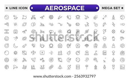 Aerospace icon of science observatory, satellite and rocket .space and planet outline Icons, thin line style. Contains such Icons as space, planet, alien, solar, technology, space travels, stars.
