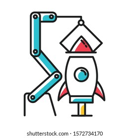 Aerospace industry blue color icon. Aviation sector. Aircraft manufacturing. Spacecraft construction and launch preparations. Rocket assembly. Missile building. Isolated vector illustration