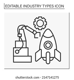  Aerospace Industry Line Icon. Manufacture, Projecting And Building Of Rocket And Flying Vehicles. Business Concept. Isolated Vector Illustration. Editable Stroke