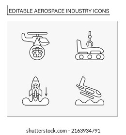  Aerospace Industry Line Icons Set. Helicopter, Rocket And Plane Designing. Aircraft Concepts. Isolated Vector Illustrations. Editable Stroke